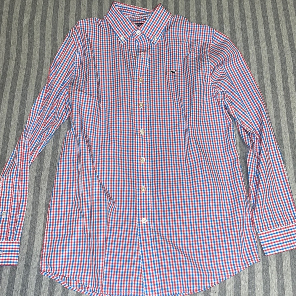 Boys Vineyard Vines Blue/Red Button Down Shirt Size Youth Large